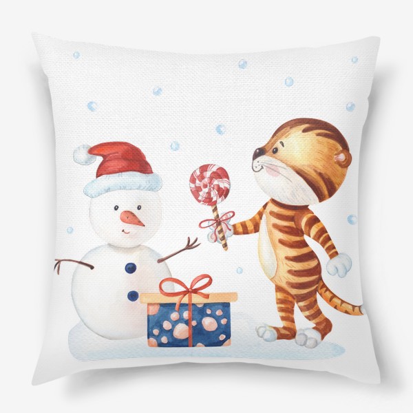 Подушка «Милый тигренок и снеговик»