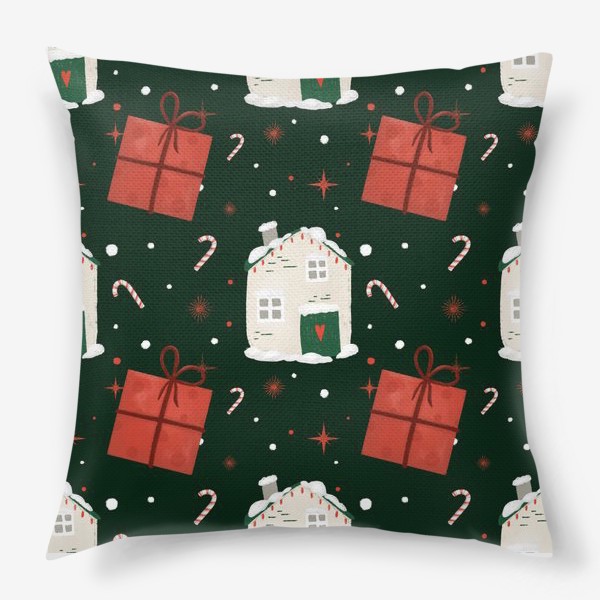 Подушка «Милые домики. Зима, снег. Новый год. Рождество. Новогодний паттерн для текстиля, скатерти. Уют. Интерьерный принт»