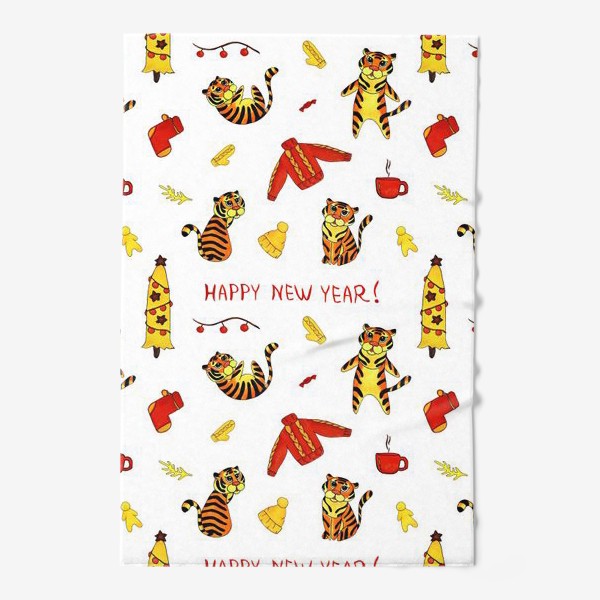 Полотенце «Happy New Year! Патерн с тиграми и надписью на английском Белый фон»