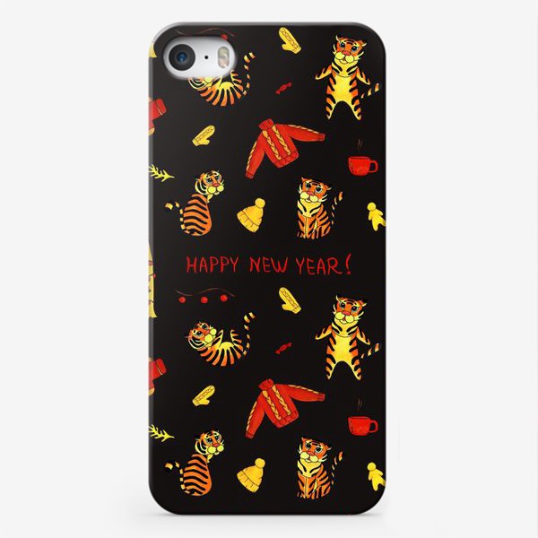 Чехол iPhone «Happy New Year! Патерн с тиграми и надписью на английском Темный фон»