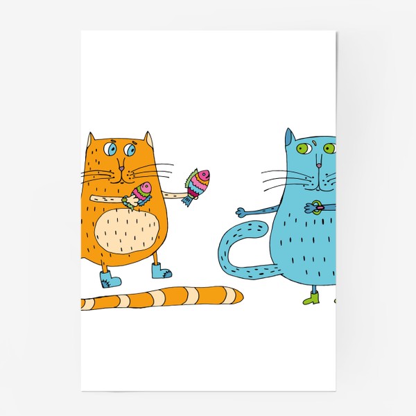 Постер «Влюбленный кот дарит котику рыбок»
