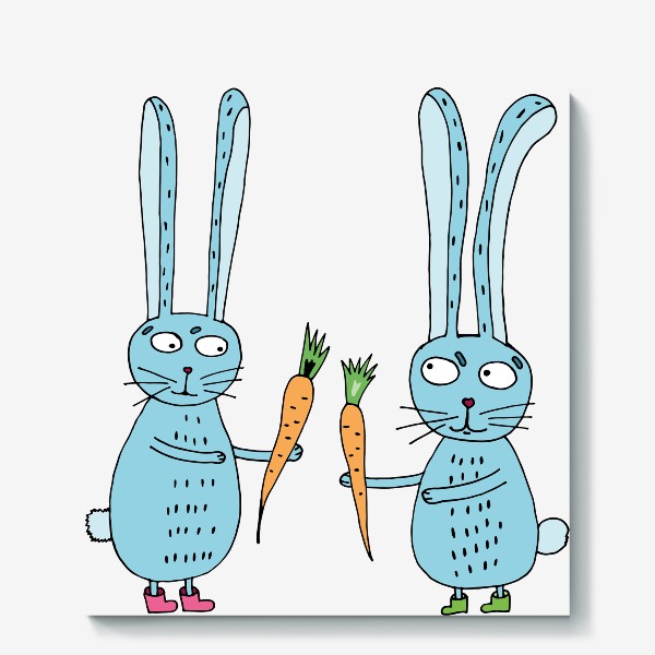 Холст «Влюбленные зайцы дарят друг другу морковки»