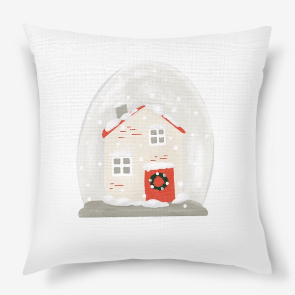 Подушка «Новый  год, рождество. Снежный шар, милый домик, уютный дом. Рождественская иллюстрация, зима, снег. В подарок»