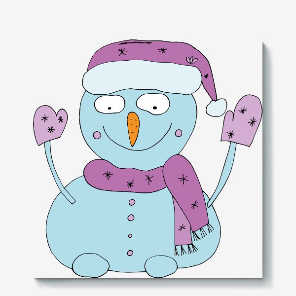 Холст «Снеговик в розовой шапке и шарфике»