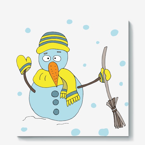 Холст «Снеговик с метлой в желтом шарфике »
