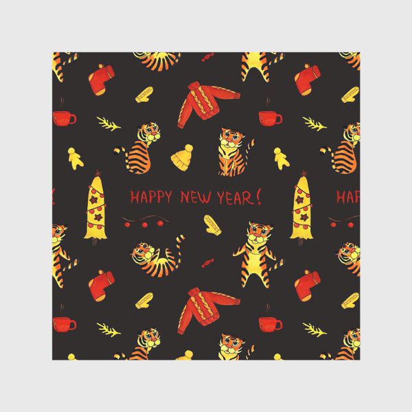 Скатерть «Happy New Year! Патерн с тиграми и надписью на английском Темный фон»