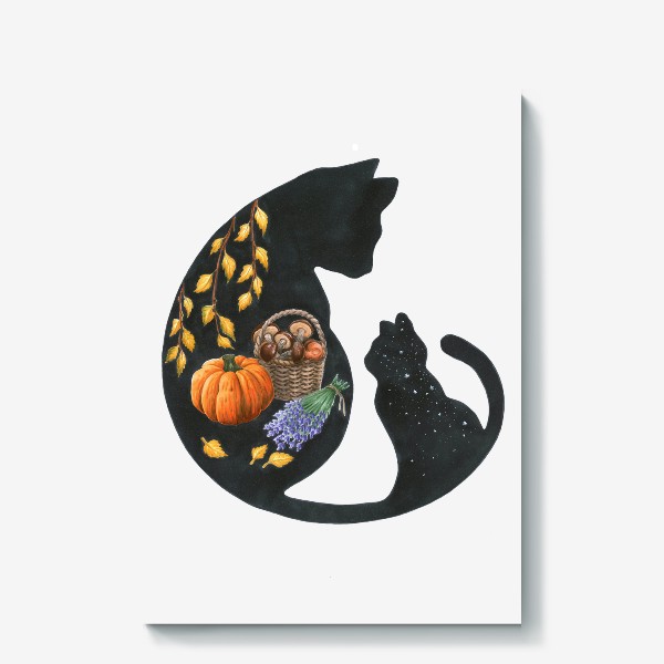 Холст «Черная кошка тыквы грибы»