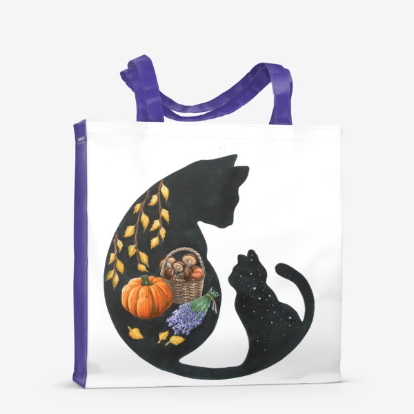 Сумка-шоппер «Черная кошка тыквы грибы»
