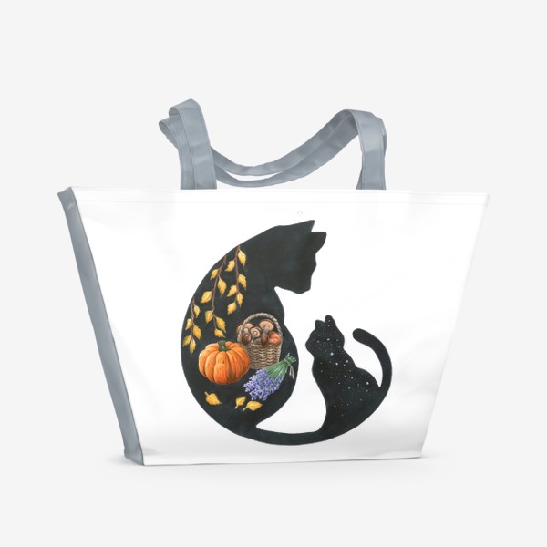 Пляжная сумка «Черная кошка тыквы грибы»