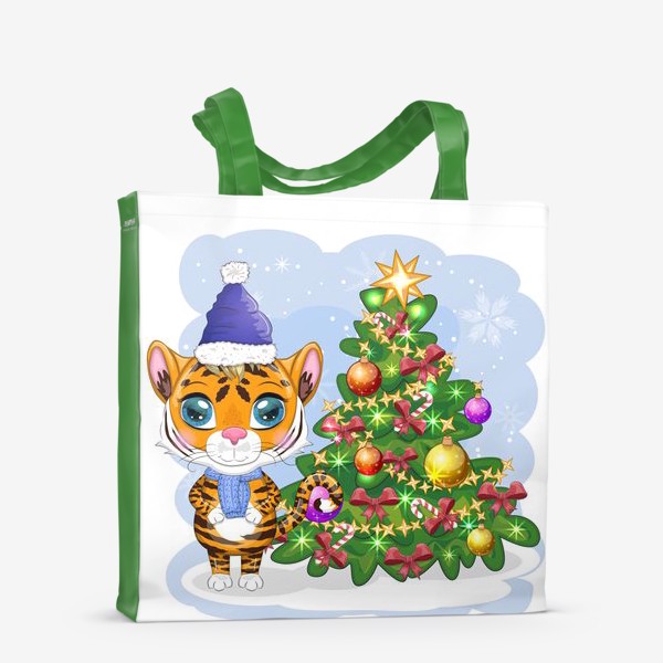 Сумка-шоппер «Тигр в синем шарфе и шапке возле украшенной елки. Новый год 2022»