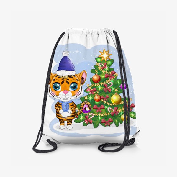 Рюкзак «Тигр в синем шарфе и шапке возле украшенной елки. Новый год 2022»