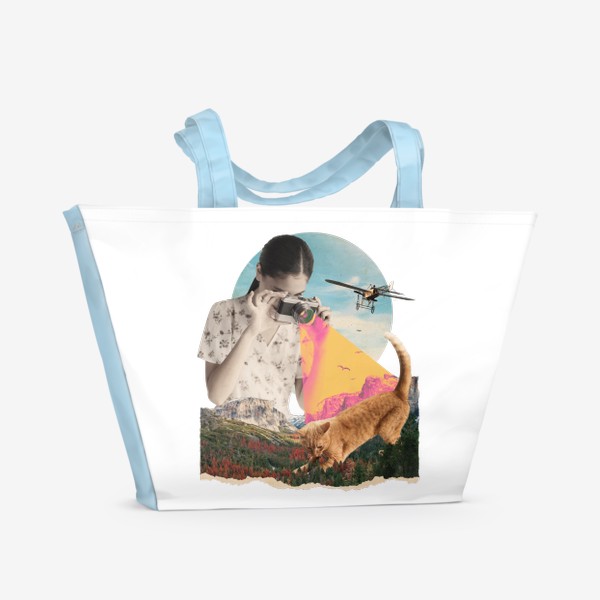 Пляжная сумка «Коллаж - Девочка и рыжий кот»