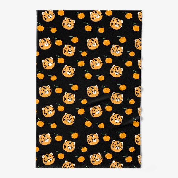 Полотенце «Тигрята и мандаринки. Паттерн, черный фон»