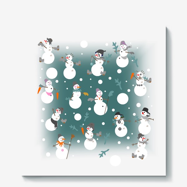 Холст «Смешные снеговики с ведрами, сапогами, перчатками, морковью и еловыми ветками»