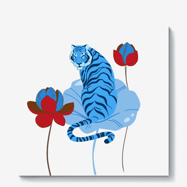Холст «Водный голубой тигр на листе лотоса»
