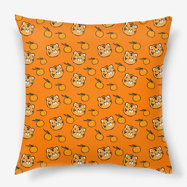 Подушка «Тигрята и мандаринки. Паттерн, оранжевый фон»