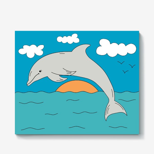 Холст «Детская иллюстрация, где дельфин прыгает в море»