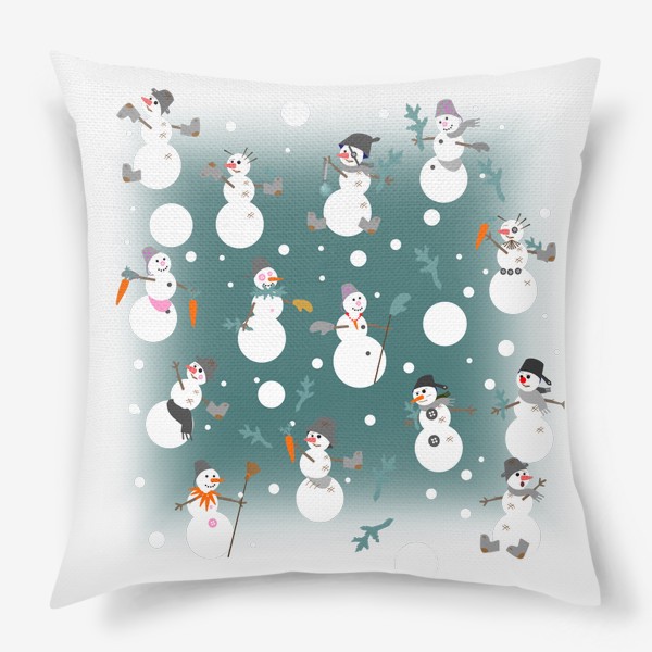 Подушка «Смешные снеговики с ведрами, сапогами, перчатками, морковью и еловыми ветками»