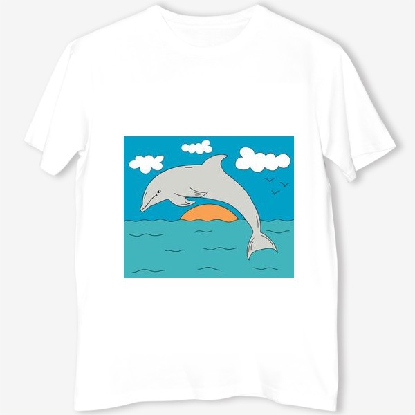 Футболка «Детская иллюстрация, где дельфин прыгает в море»