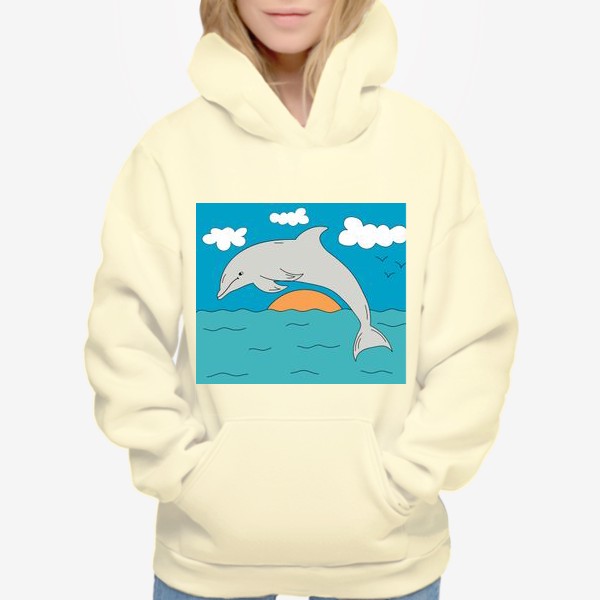 Худи «Детская иллюстрация, где дельфин прыгает в море»