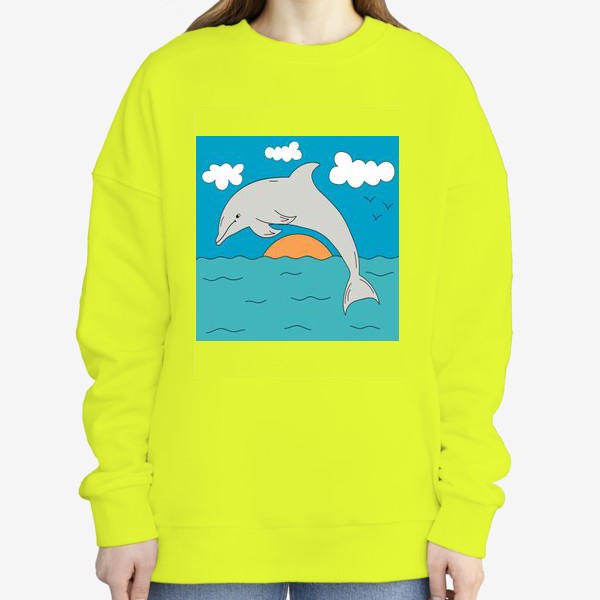 Свитшот «Детская иллюстрация, где дельфин прыгает в море»