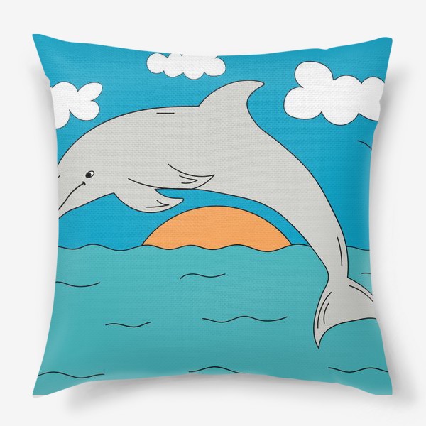 Подушка «Детская иллюстрация, где дельфин прыгает в море»