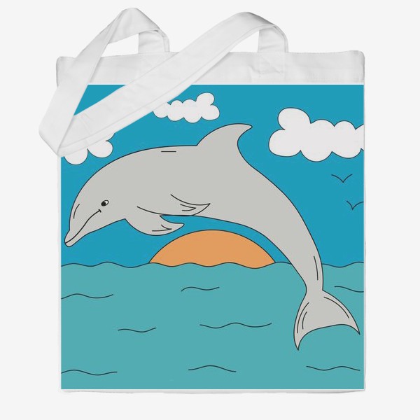 Сумка хб «Детская иллюстрация, где дельфин прыгает в море»