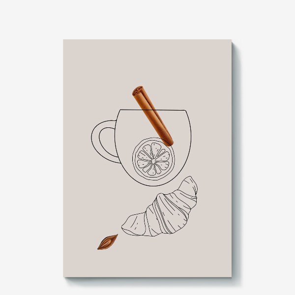 Холст &laquo;Уютная чашка, какао с корицей, пряностями и круасаном, чай с лимоном&raquo;