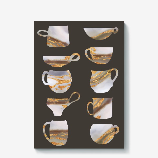 Холст «Золотые чашки на коричневом фоне, картина для кухни, кафе, минимализм»