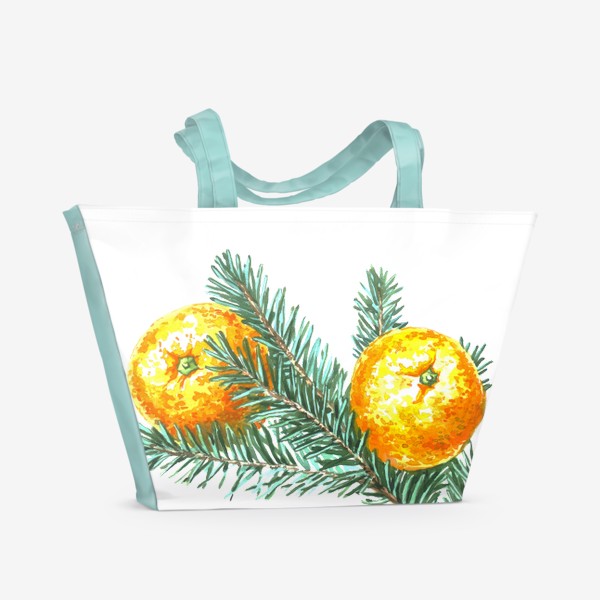 Пляжная сумка «акварель мандарины и ветка еловая с надписью»