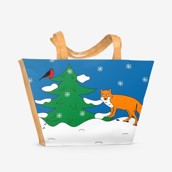 Пляжная сумка «лиса и снегирь в зимнем лесу»