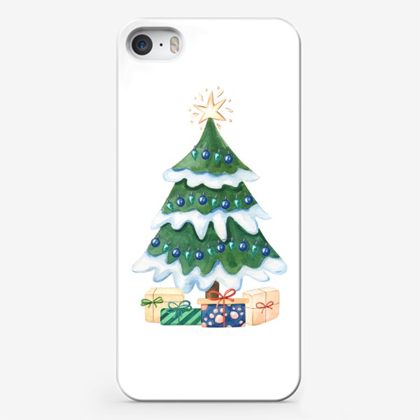 Чехол iPhone «Новогодняя елочка с подарками. Акварель»