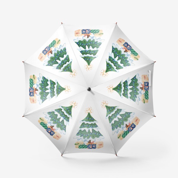 Зонт «Новогодняя елочка с подарками. Акварель»