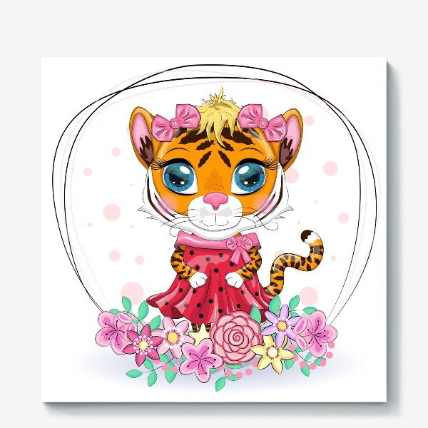 Холст «Девочка тигрица в цветах в платье Леди Баг. 2022 Новый год, Тигр»
