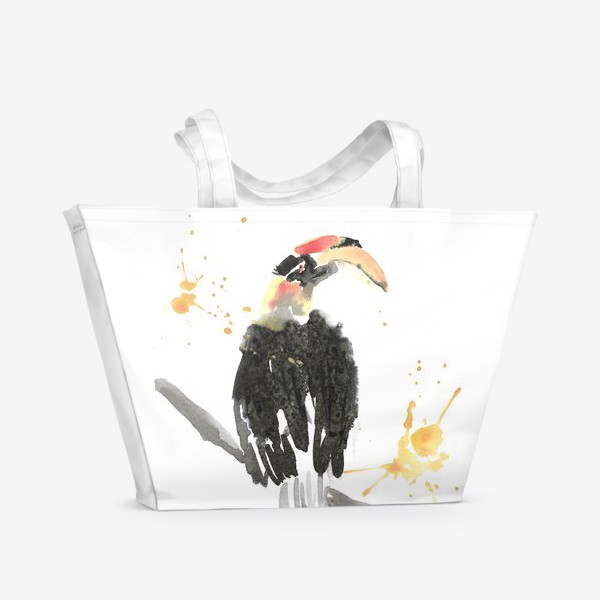 Пляжная сумка «тукан, тропическая птица, акварель с брызгами»