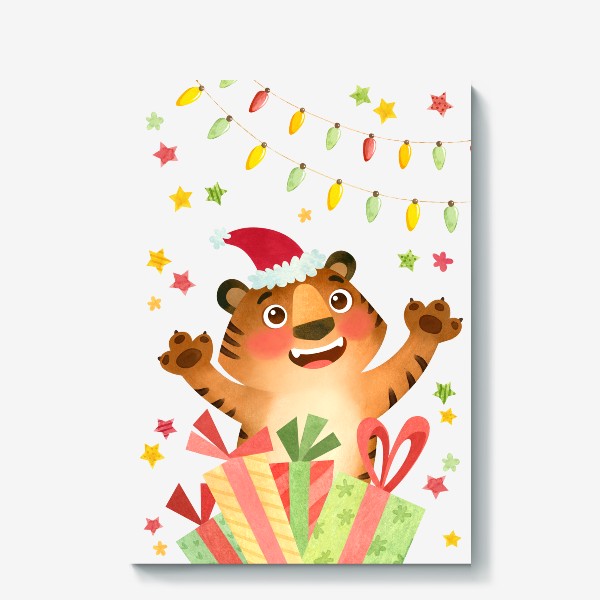 Холст «Счастливый тигр в Рождественской шапке с подарками и гирляндами, Символ Нового года 2022»