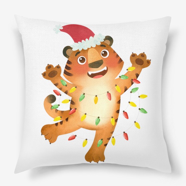 Подушка «Тигр с гирляндами в Рождественской шапке, Символ Нового года 2022»