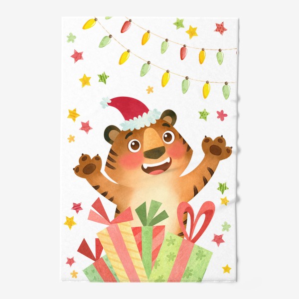 Полотенце «Счастливый тигр в Рождественской шапке с подарками и гирляндами, Символ Нового года 2022»