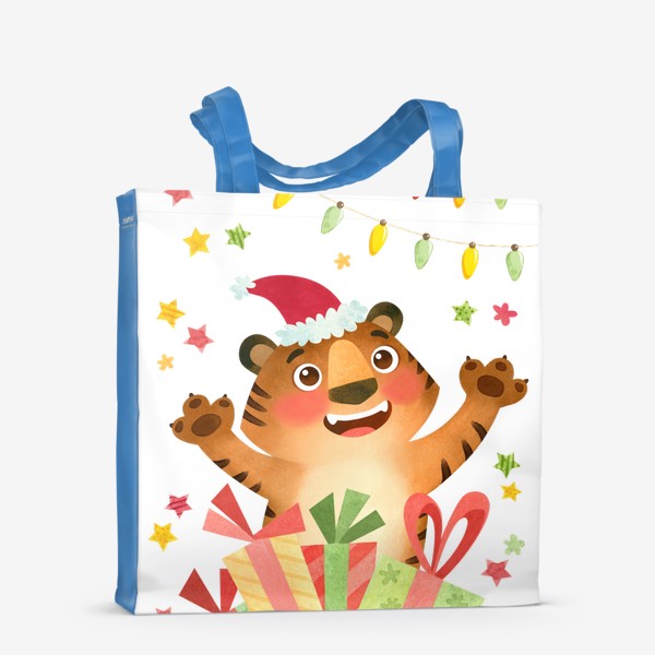 Сумка-шоппер «Счастливый тигр в Рождественской шапке с подарками и гирляндами, Символ Нового года 2022»