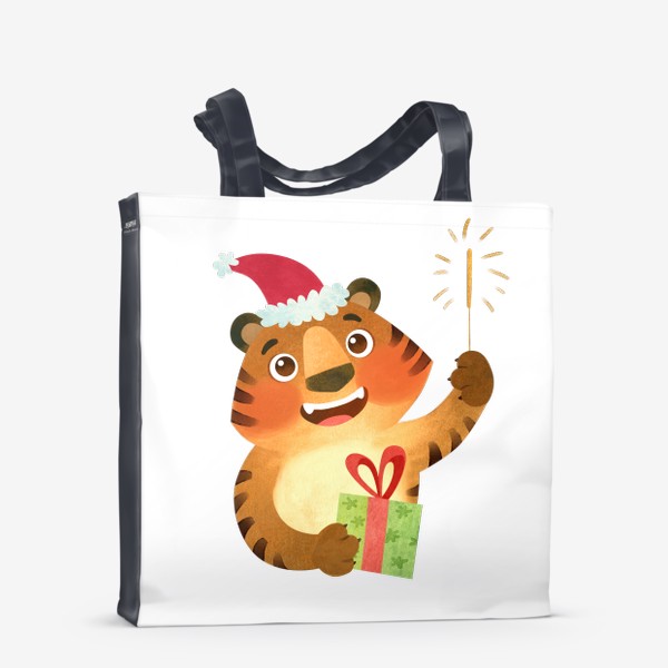 Сумка-шоппер «Счастливый тигр в Рождественской шапке с подарком и бенгальским огнём. Символ 2022 Нового года.»