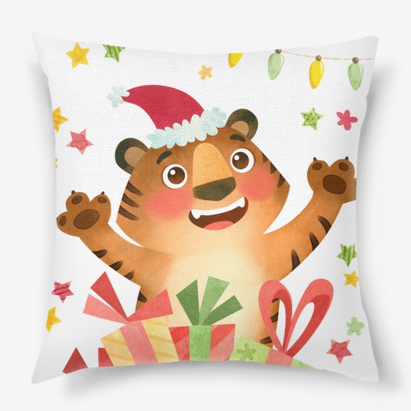 Подушка «Счастливый тигр в Рождественской шапке с подарками и гирляндами, Символ Нового года 2022»