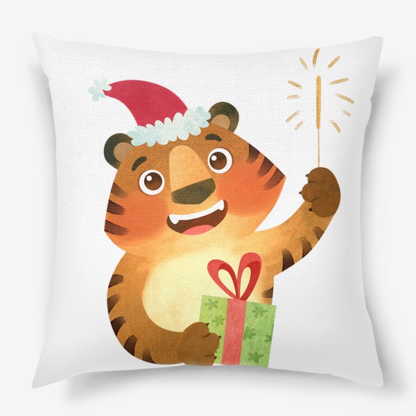 Подушка «Счастливый тигр в Рождественской шапке с подарком и бенгальским огнём. Символ 2022 Нового года.»