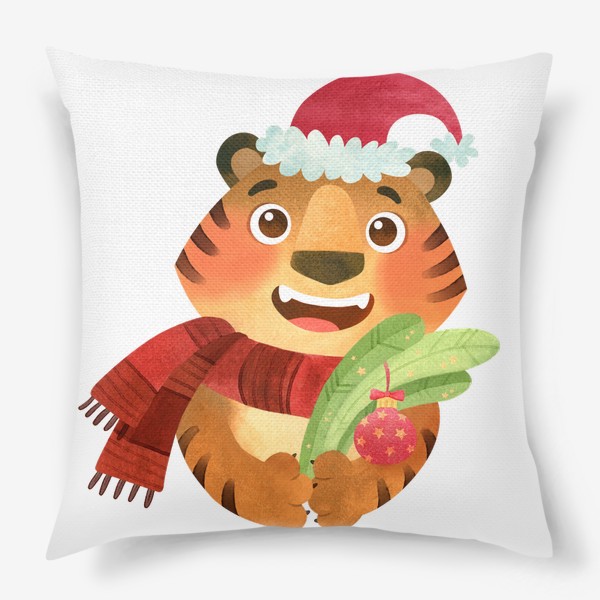Подушка «Счастливый тигр в Рождественской шапке с еловой веточкой. Символ 2022 Нового года.»
