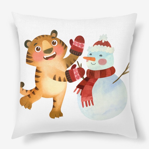 Подушка «Румяный тигр в варежках со снеговиком. Символ Нового года 2022»