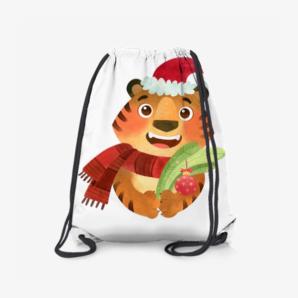 Рюкзак «Счастливый тигр в Рождественской шапке с еловой веточкой. Символ 2022 Нового года.»