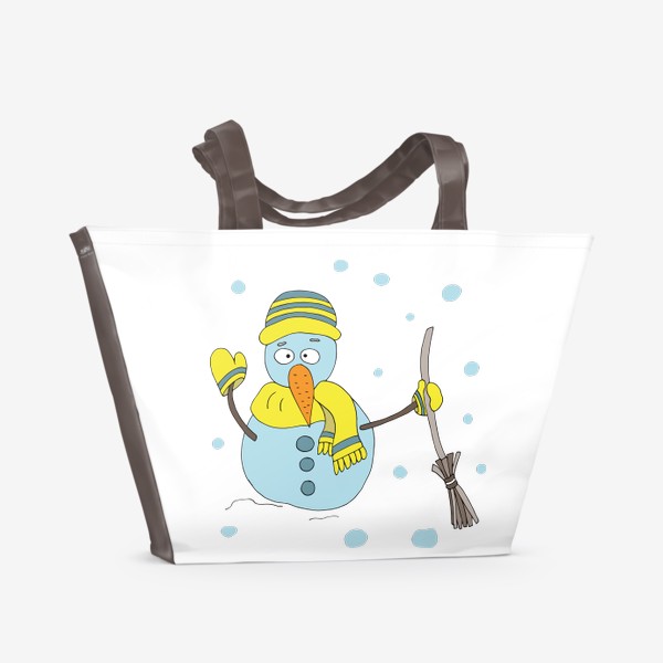 Пляжная сумка «Снеговик с метлой в желтом шарфике »