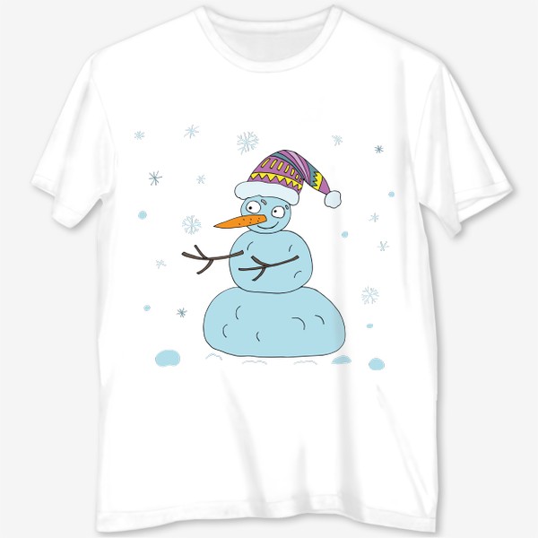 Футболка с полной запечаткой «Добрый снеговик ловит снежинки»