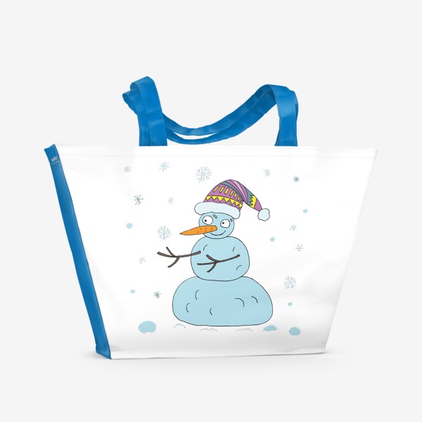 Пляжная сумка «Добрый снеговик ловит снежинки»