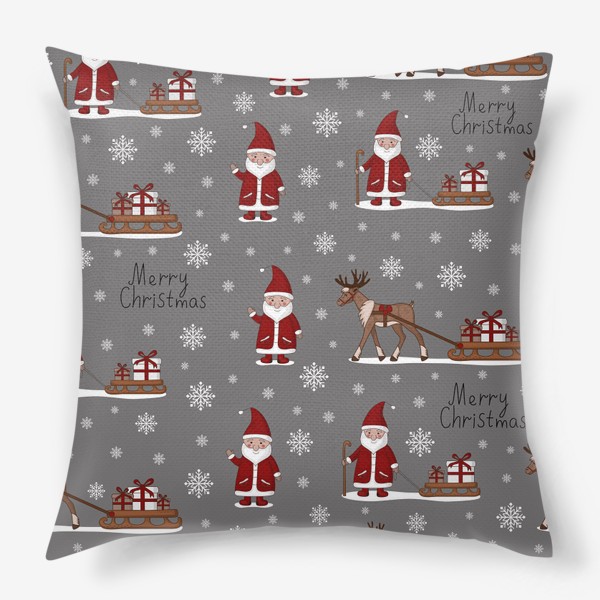 Подушка «Новогодний паттерн. Дед Мороз, северный олень и санки с подарками.»