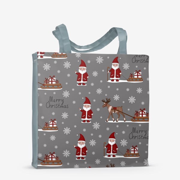 Сумка-шоппер «Новогодний паттерн. Дед Мороз, северный олень и санки с подарками.»